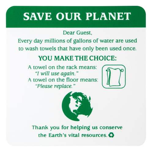 Sign - Save Our Planet/Towel Conservation Sign, Biodegradable, Off White/Green Print